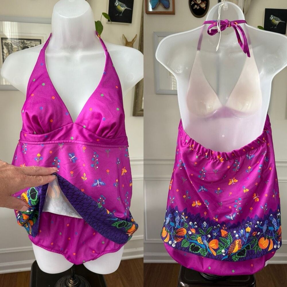 Vintage 70s 80s Tankini 2pc Swimsuit Magenta Birds Flowers XL 16